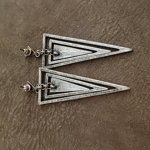 Pointed Geometric Aztec Tribal Metal Post Nebula Earrings - Picture 4 of 4
